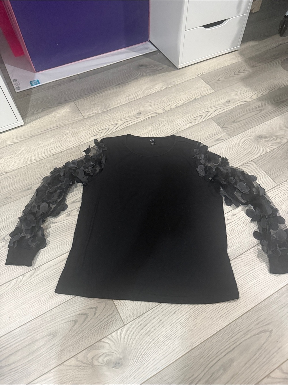 Women's Black Long-Sleeve Tee with Floral Appliqué Sleeves